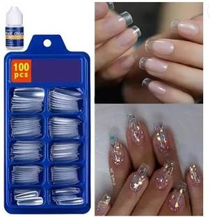 Eletree Artificial Transparent 100 Pieces Reusable Fake Nail Tips With Nail Glue Transparent