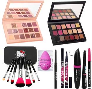 SUBHMUN Kajal & Puff & 3in1 36H Black Eyeliner l & Glazed Eyeshadow , 7pc Makeup Brush & Rose Gold Palette