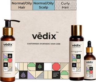 Vedix Hair Fall Control Regimen for Normal/Oily Hair - Normal-Oily Scalp & Curly Hair - Ayurvedic Hair Care Regimen - 3 Product Kit - Anti Hair Fall Oil Hibiscus + Eclipta - Anti-Hairfall Shampoo - Vithan Pro Hair Growth Serum