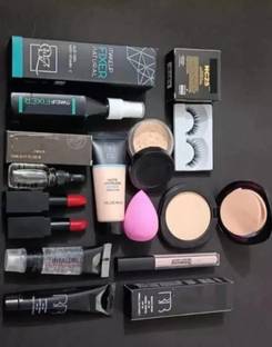 LIpaboma Makeup kit combo,Essential Oil,Primer,foundation, Concealer, Loose Powder,Puff, Fixer, Compact ,2 lipstick,eyelashes