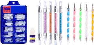 ROODILES Artificial Nails 100 pcs with Glue, Dual Ended Nail Dotting Tools & Precision Dual Ended Acrylic Nail Brush Pens, Salon-Quality