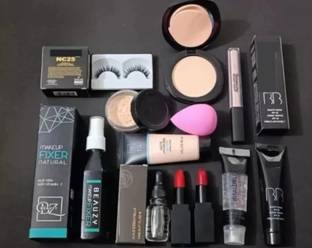 Beauzy Makeup kit combo,Essential Oil,Primer,foundation, Concealer, Loose Powder,Puff, Fixer, Compact ,2 lipstick,eyelashes