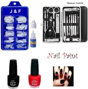 J & F Nails With Glue , 16in1 Manicure Tool Kit , Red & Black Nail Paint