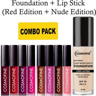 cosmofine Full Coverage Matte Finish Foundation Waterproof with SPF 25 (30 ML) + Lipstick Red Shade (4 Pack) + Nude Shade (4 Pack)