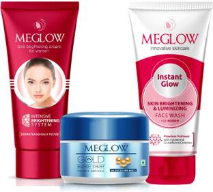 meglow GOLD BLEACH 50g + PREMIUM FAIRNESS CREAM FOR WOMEN 50g + INSTANT GLOW FACE WASH FOR WOMEN 70g
