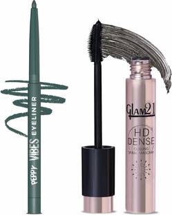 Glam21 Peppy Vibes Matte Eyeliner-Moss,0.4gm & HD Dense Curling Mascara |Waterproof Volumizing-Black, 10ml | Combo