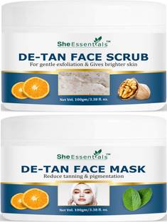 She Essentials De Tan Face Pack & Scrub for Tan Removal, Glowing Skin & De-Pigmentation Combo Scrub