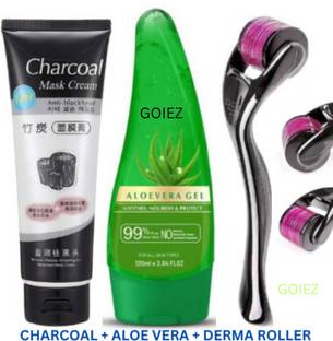GOIEZ Advanced Skin Care Combo Of Aloe Vera Gel, Charcoal Mask And Derma Roller 0.5mm
