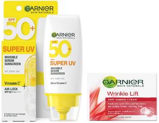 GARNIER SPF 50 PA+++ for UVA/B Invisible Serum Sunscreen for Broad Spectrum with No White Cast + Anti Ageing Cream-18ml