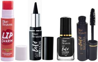 BLUE HEAVEN Lip Charm Strawberry Lip Balm + Bold Roll On Kajal + eyeliner+ Mascara