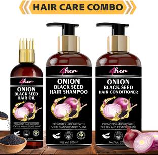 4 her Onion Black Seed Hair Care Kit (Shampoo+ Hair Conditioner + Hair Oil)