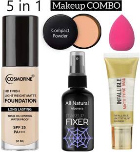 cosmofine Makeup Combo Kit, Face Makeup Combo of Foundation + Fixer + Primer + Compact + Sponge