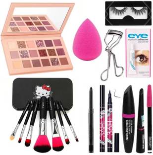 mkldsrh nude eyeshadow & brushes set & eyebrow pencil & kajal with eyeliner & mascara with blender & curler & eyelashes & eyelashes glue