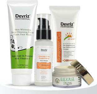 DEVRIZ PROFESSIONAL Vitamin Face Wash Paraben Free|Glowing Face Serum|Skin Brightening Night cream| Acne Free Sunscreen Gel (4 Combo pack )