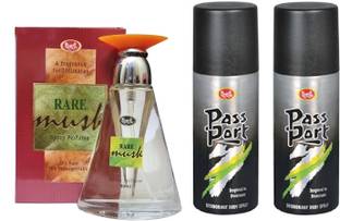 MONET 1 RARE MUSK PERFUME 50ML , 2 PASS PORT BLACK DEODORANT 150ML EACH , PACK OF 3