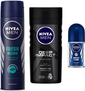 NIVEA Fresh Ocean 150ml deo Deep impact 250ml Sg and Cool Kick roll on 50ml Set of 3