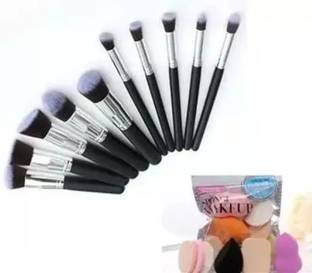 Ashav Huda Perfect Beauty 10 Piece Black Kabuki Wooden Make Up Brush & 6 in 1 Family Pack Puff