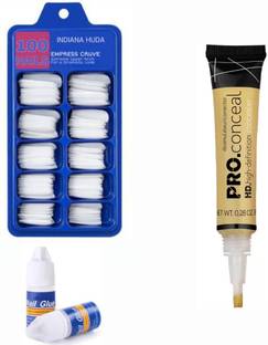 INDIANA HUDA 100 Pcs Reusable Acrylic False Nails With Nail Glue & HD PRO CONCEAL Concealer(Yellow Corrector 8Gm)