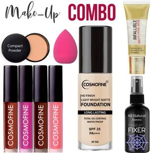 cosmofine Makeup Combo Kit, Foundation + Lipstick Nude Shade + Primer + Fixer + Compact + Sponge