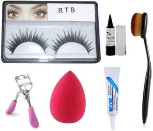 RTB Combo Contour Brush, Blender Black Kajal False Eyelashes with Glue and Eyelashes Curler pack of 6