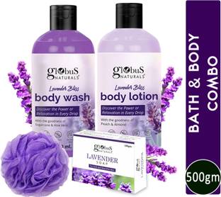 Globus Naturals Lavender Body Lotion , Soap & Body Wash Skincare Combo with Loofa
