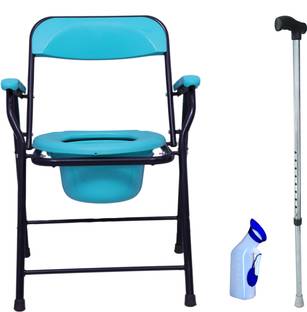 GREEN NATURE Commode Chair With Bucket & Lid ,Urine Pot & Walking Stick Commode Shower Chair