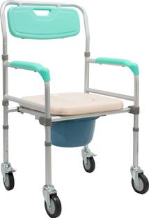 Rehamo Bedside Commode with wheels, Soft Seat, Folding Frame, Armrest & Backrest Commode Chair