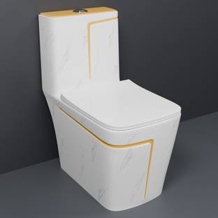 D O T C/T08 Premium Quality White Marble commode with Yellow Finishing Line and Round Flush Button Western Commode