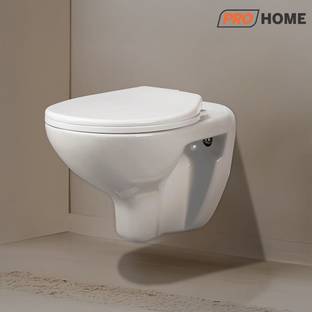 ProHome Wall Mounted Elongated Ceramic WC , Glossy White Premium Design Water Closet/Commode With Soft Close Toilet Seat Western Commode