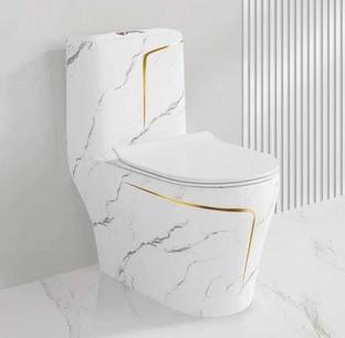 D O T C08 Premium White Marble commode with Yellow Finishing Line and Round Flush Button Western Commode