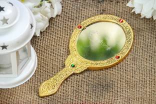 Crafticia Metal Handheld Mirror with Handle Vintage Compact for Personal Makeup Vanity Portable Travel Skin Mirror (10X18 cm, Golden)