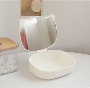 Stelliferous Tabletop Makeup Mirror with Integrated Storage Case | Cat vanity mirror (White)