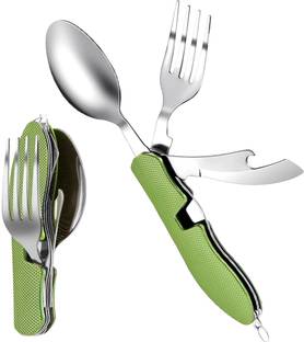 Zibuyu 4 in 1 Camping Tableware Folding Fork Spoon Cutter Bottle Opener Travel Tool Compass