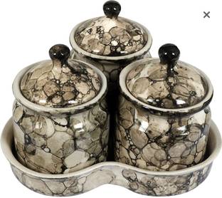 क्रिएटिव होम्स Ceramic Jars with Lid and Holding Tray for Pickle Pack of 3, Grey 3 पीस स्पाइस सेट