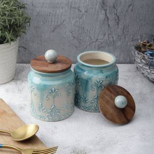 वरीशा Sky Blue Shaded Embossed Hand-made Ceramic Air Tight Jars with Wooden Lids 2 पीस स्पाइस सेट