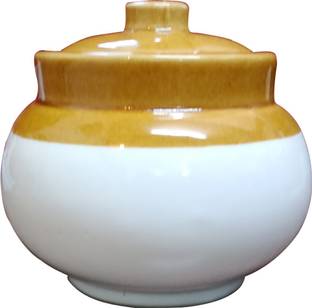 सावन शॉपिंग मार्ट Handmade Ceramic Barni Container Ceramic/Stoneware martban in Mustard Contemporary (Medium Size) (1 Pc) - 500 ml Ceramic Pickle Container & Salt Pepper Container Jars with Lid(Brown) 500gm capacity(Make in India) 1 पीस स्पाइस सेट