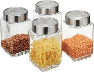 पिंजास Cube Glass Canister Kitchen Food Storage Jar 4 पीस स्पाइस सेट