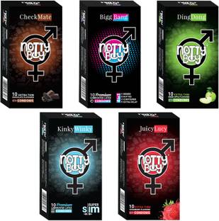 NottyBoy Combo Pack - Extra Time, Ribbed & Dotted, Extra Thin, Flavoured (Strawberry, Chocolate, Green Apple) Condom