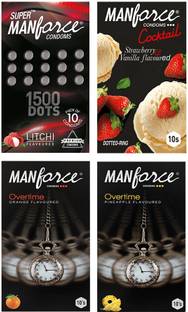 MANFORCE Fruit Basket Combo Pack (3in1 Overtime Orange, 3in1 Overtime Pineapple, Extra Dotted Litchi & Cocktail Strawberry + Vanilla with Dotted Rings) - 40 Pieces (Pack of 4) Condom