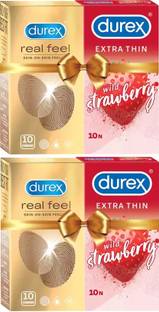 DUREX Real Feel & Strwberry Extra Thin - 20 Condoms (Pack of 2) Condom