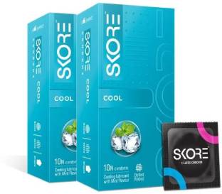 SKORE Cool Condom | Cooling Sensation | Mint Flavour| Dotted | 10 Sheets | Pack of 2 Condom