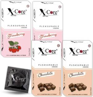 X-Core dotted condoms- 40 pcs flavored condoms, with 40 pcs. DISPOSAL POUCHES & 40 pcs. TISSUE PAPERS, Free of chemicals like paraben, Flavors-(chocolate & Strawberry), 4×10's box= 40 PCS. Condom