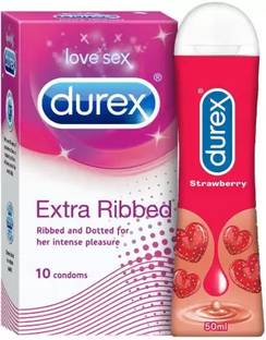 DUREX Extra Ribbed condom 10s and Lube - Strawberry Flavoured Lubricant Condom