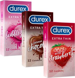 DUREX multiflavored extra thin condoms for men - Bubblegum, Wild Strawberry, Intense Chocolate - 10 count (Pack of 3) | Sensually flavored condoms for fun & adventure Condom