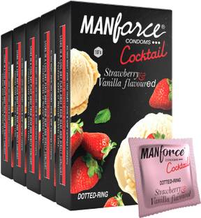MANFORCE Cocktail Condoms (DottedRings), Strawberry & Vanilla Flavoured ,10 x Pack of 5 Condom