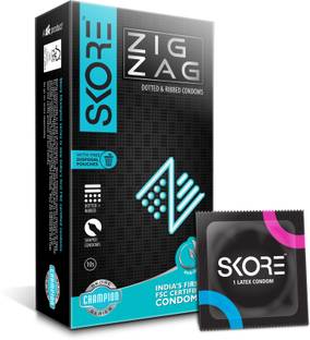 SKORE Zig Zag Condom | Dotted & Ribbed | With Disposal Pouches | 10 Sheets |Pack of 1 Condom