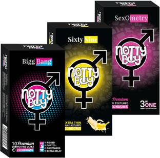 NottyBoy 3 in one and 4in1 Ribbed, Dotted, Contour, Extra Time and Fruit Banana Flavoured Condom