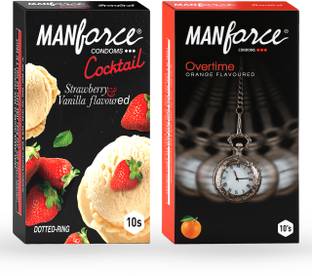 MANFORCE Cocktail Condoms with Dotted-Rings, Strawberry & Vanilla Flavoured- 10 Pieces & 3 in 1 Condoms (Ribbed, Contour, Dotted), Overtime Orange Flavoured- 10 Pieces Condom