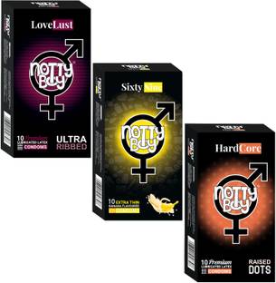 NottyBoy Combo Pack - Ultra Ribbed,Raised Dots,Extra Thin Banana Flavour Condom