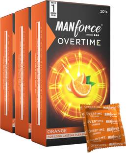 MANFORCE 3 in 1 Condoms (Ribbed, Contour, Dotted), Overtime Orange Flavoured- 10 Pieces x Pack of 3 Condom